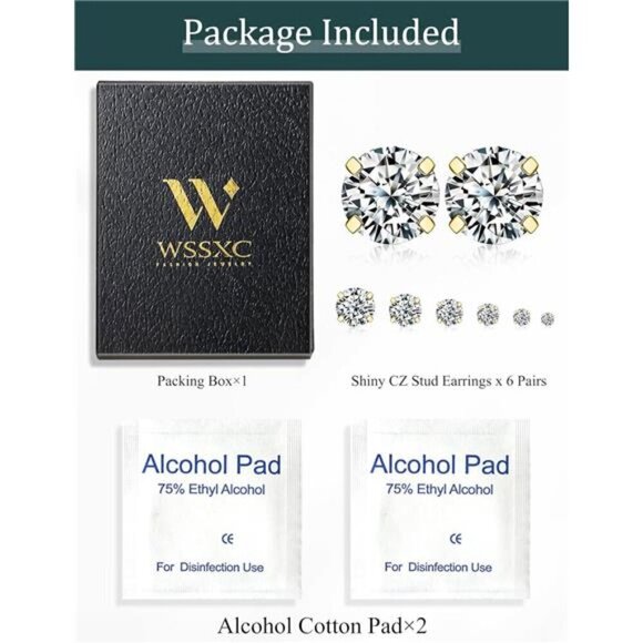 6 Pairs Gold Stud Earrings Set, Hypoallergenic Cubic Zirconia 316L Earrings - Picture 6 of 6